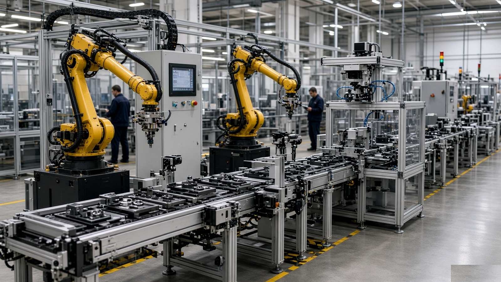 Turnkey robotic automation line with industrial robots, conveyors and integrated assembly systems