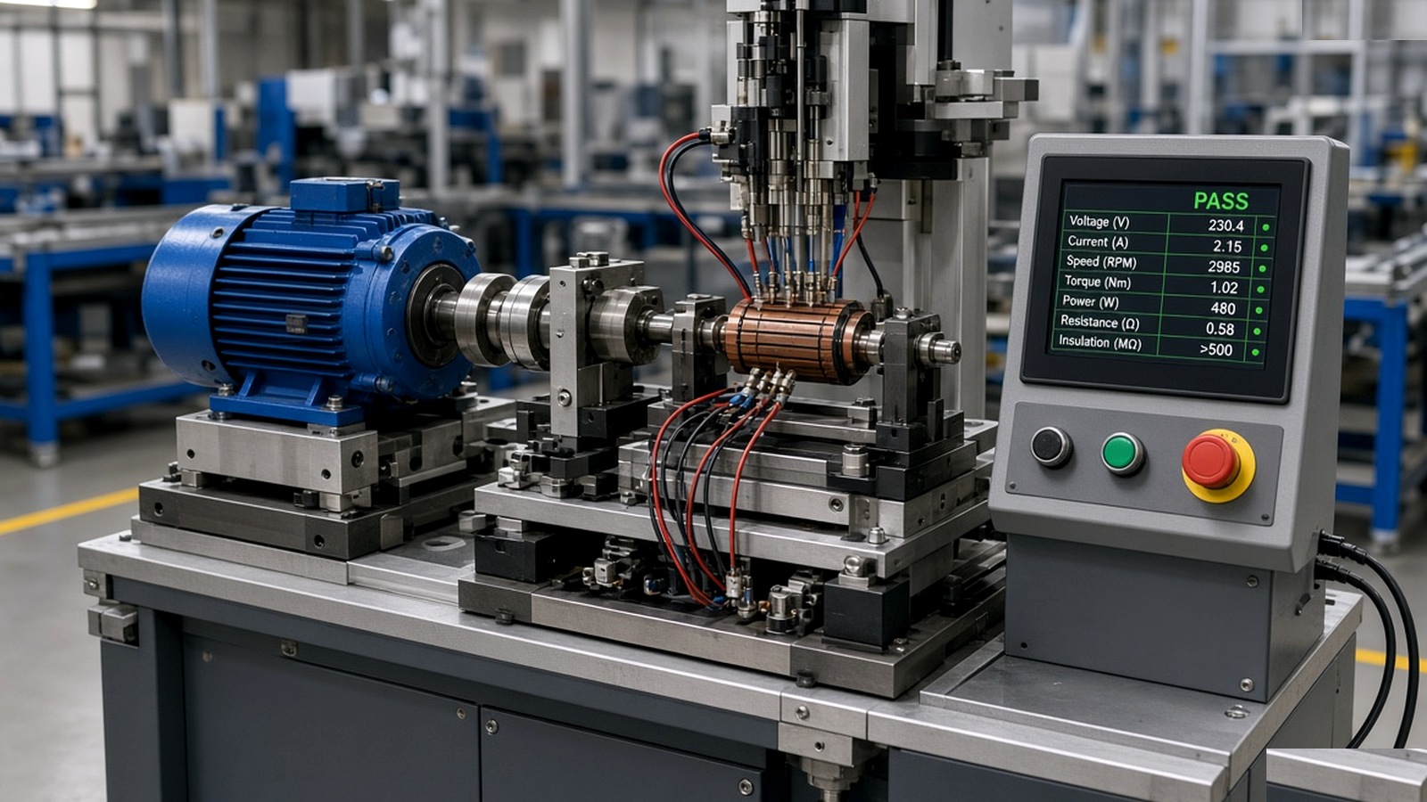 Motor and armature testing machine verifying an electric motor on a precision test bench with pass indication on the control panel