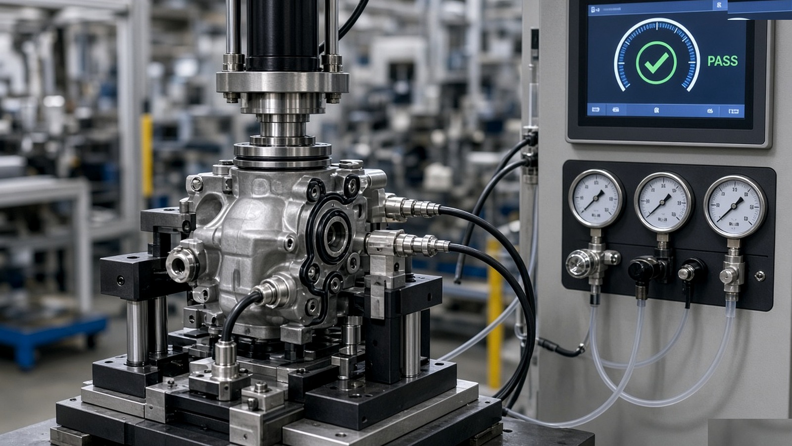 Air leak testing machine verifying a sealed automotive component in a precision fixture with pass indication on the control panel